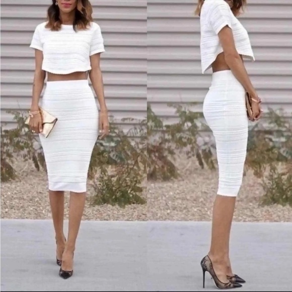 Torn by Ronny Kobo Pointelle Knit Bodycon Pencil Midi Skirt Ivory Size Medium - Picture 2 of 8